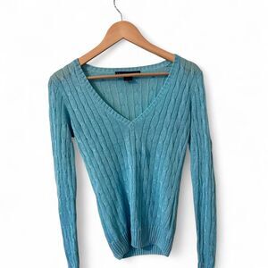 Ralph Lauren Teal blue cable knit V-neck sweater preppy